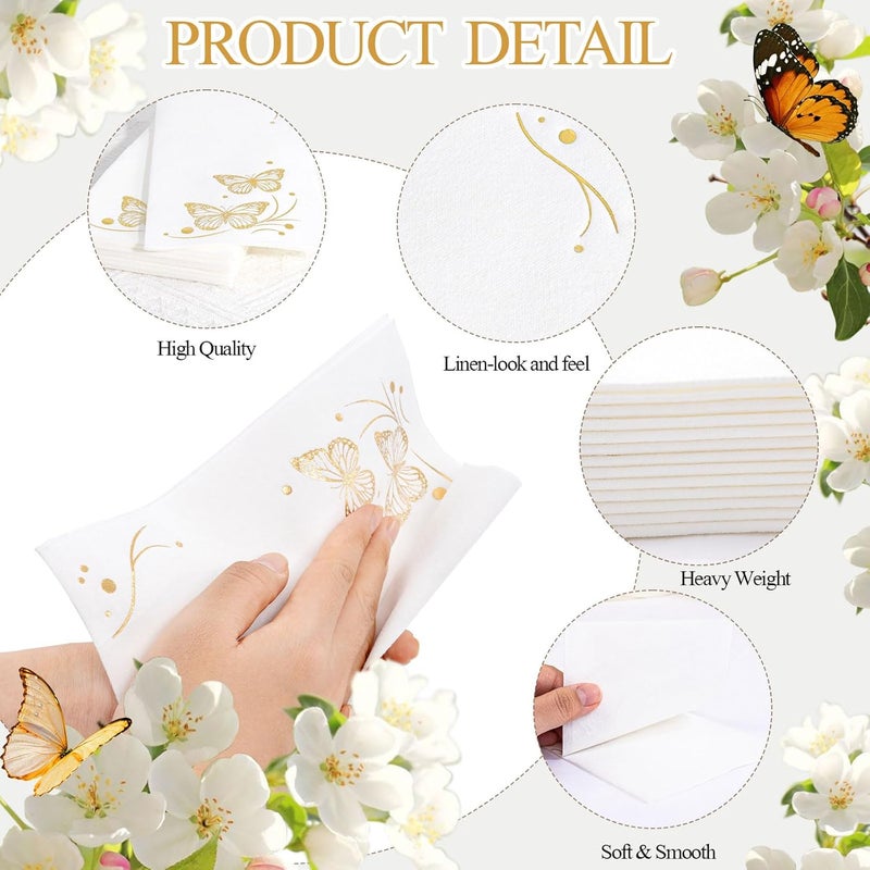 Joyido 50 Pack Gold Butterfly Napkins - White and Gold Paper Napkins - Cloth-Like Feel Dinner Paper - Disposable Hand Towels for Kitchen Table Bathroom Holiday Decor - Image 3